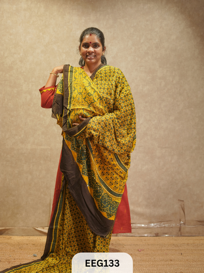 AJRAKH MODAL SAREE WITH KHATLI HANDWORK