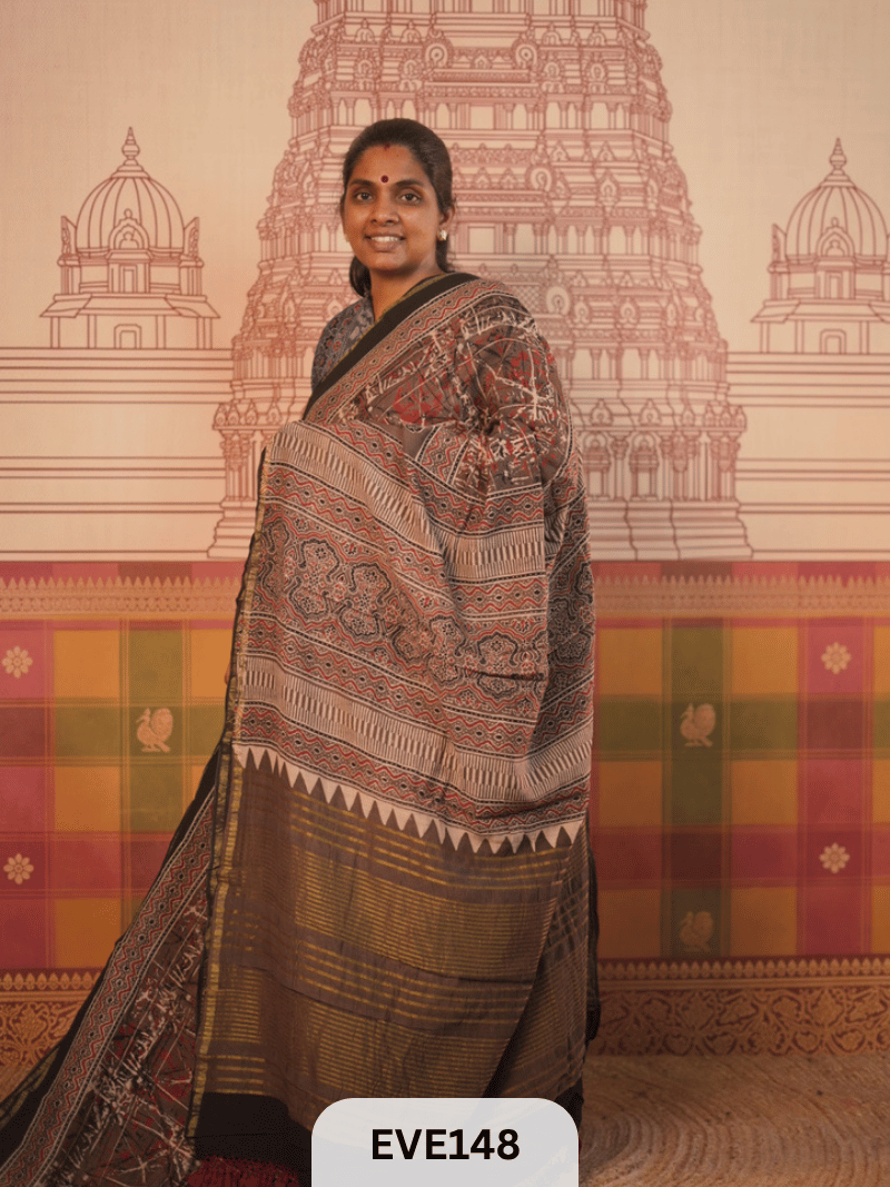 PURE CHANDERI SILK AJRAKH HANDBLOCK SAREE