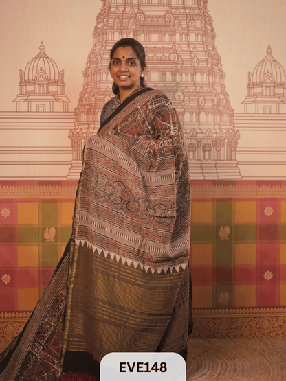 PURE CHANDERI SILK AJRAKH HANDBLOCK SAREE