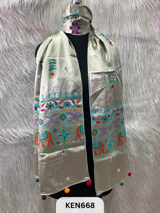MUSHRU HAND AARI WORK WITH MIRROR WORK STOLE