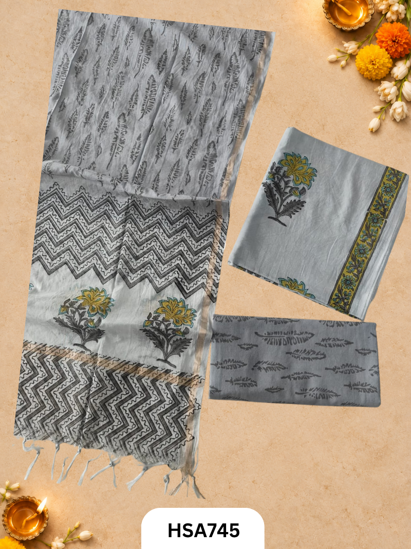HandBlock Printed Chanderi Silk Dupatta With Cotton Suits -Top 2.5M Duptta 2.5M