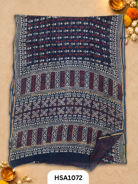 Pure Hand Block Printed Chanderi Silk Saree With Printed Blouse