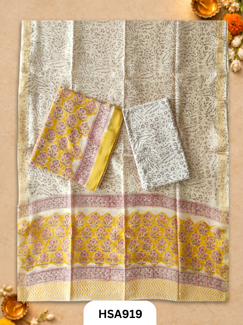 HandBlock Printed Maheshwari Silk Zari Border Top & dupttas 2.5 Mtrs | Bottom cotton 2.50 mtrs