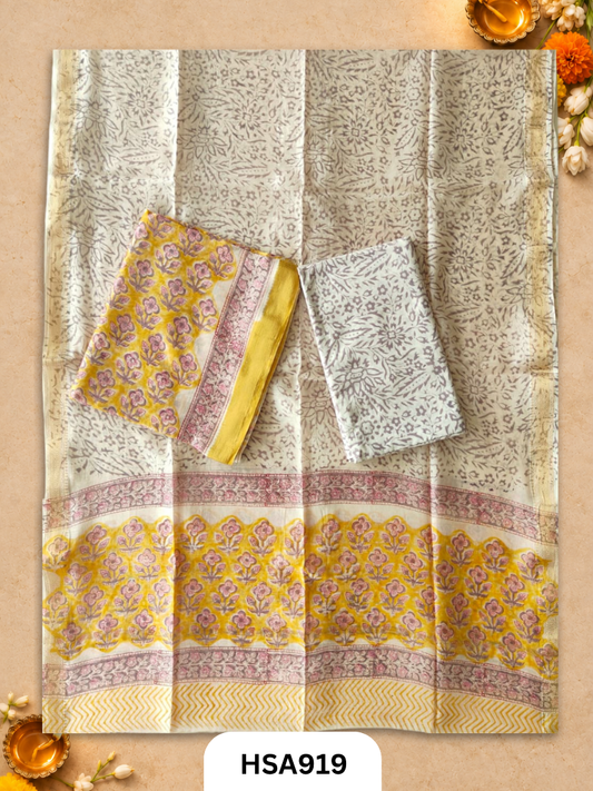 HandBlock Printed Maheshwari Silk Zari Border Top & dupttas 2.5 Mtrs | Bottom cotton 2.50 mtrs
