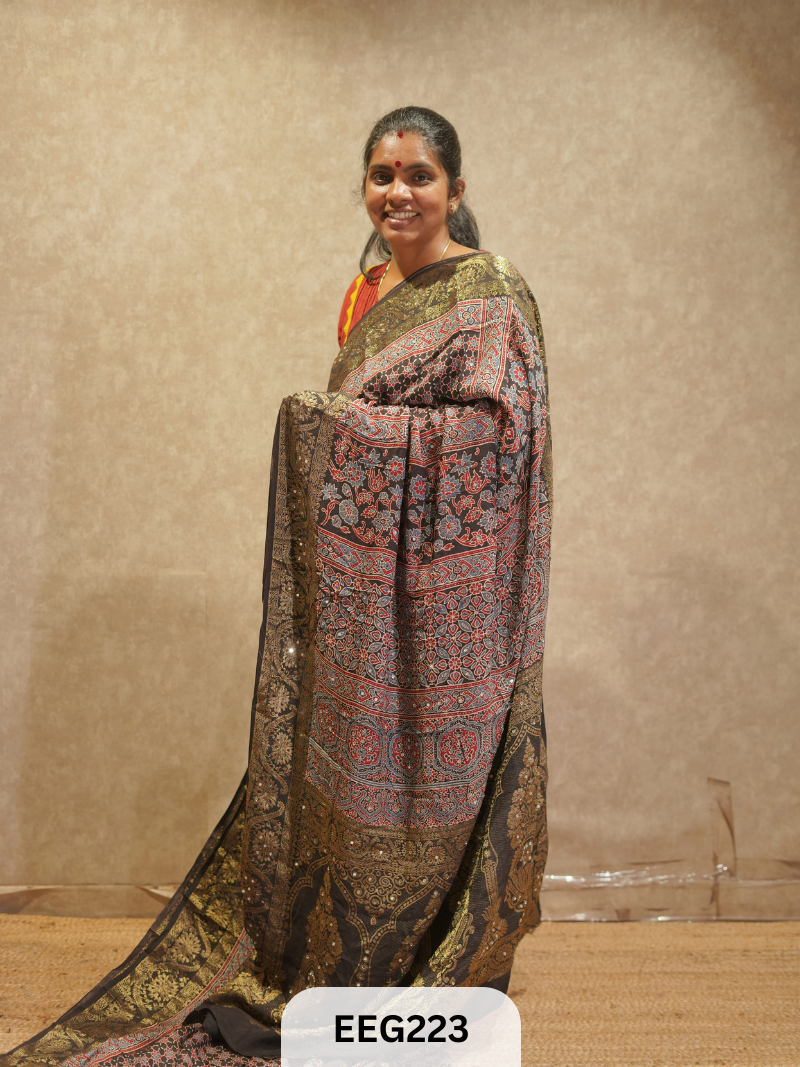 AJRAKH DOLA SILK SAREE WITH MIRROR WORK - IMMEDIATE DISPATCH