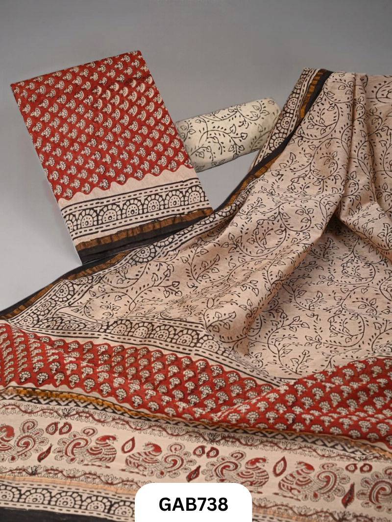 Hand Block Chanderi Silk Dress Materials Top 2.5 Mtrs Duptta 2.5 Mtrs