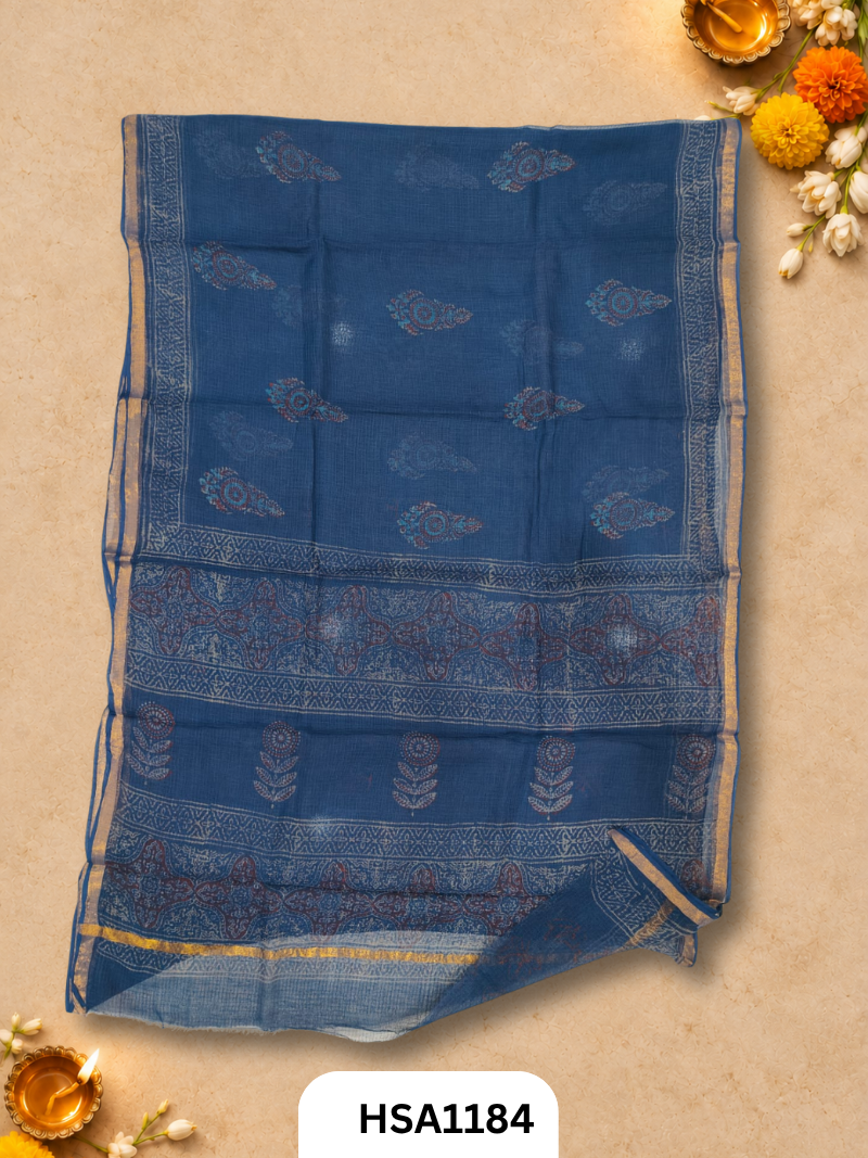 Hand Block Printed Kota Doriya Saree with Blouse