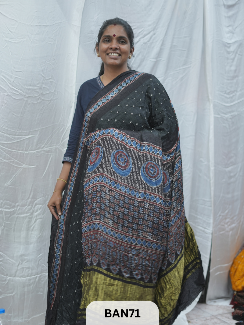 BANDHANI WITH AJRAKH SEMI GAJI SAREE