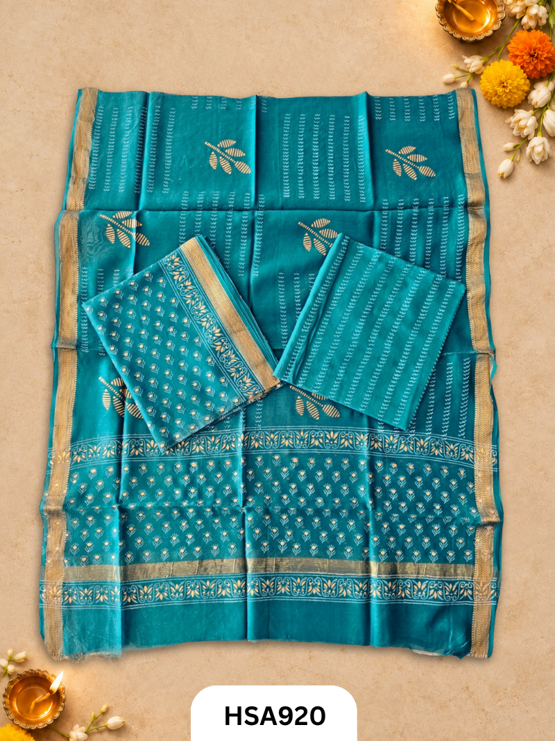 HandBlock Printed Maheshwari Silk Zari Border Top & dupttas 2.5 Mtrs | Bottom cotton 2.50 mtrs
