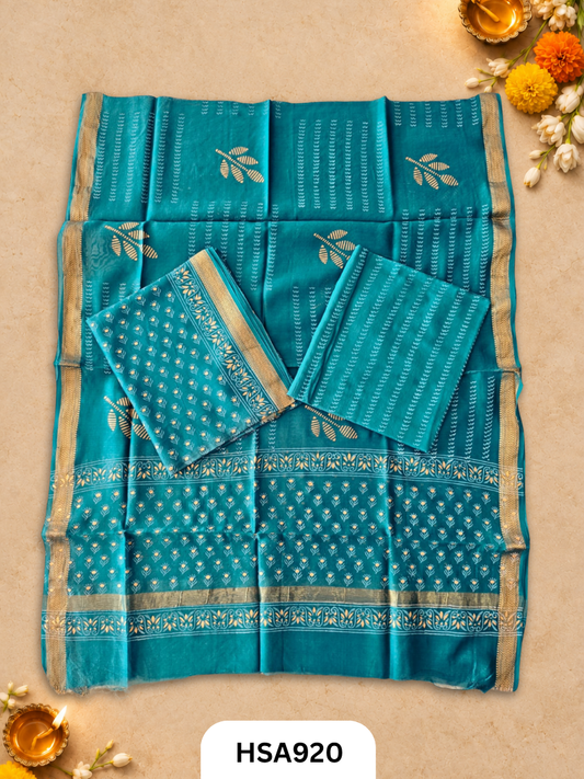 HandBlock Printed Maheshwari Silk Zari Border Top & dupttas 2.5 Mtrs | Bottom cotton 2.50 mtrs