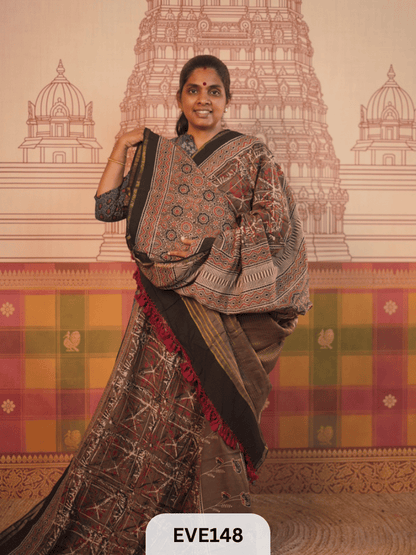 PURE CHANDERI SILK AJRAKH HANDBLOCK SAREE