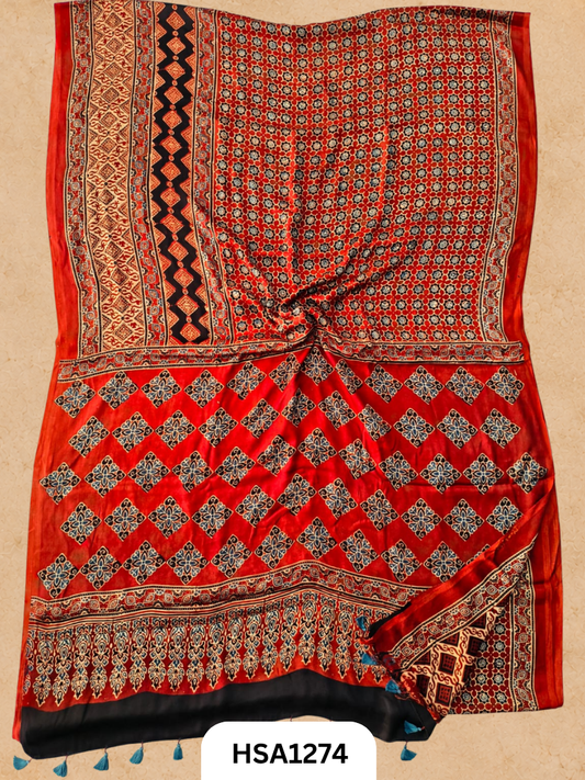 Natural Dye Vegetable Hand Block Print Ajrakh Print Pure Modal Silk Saree