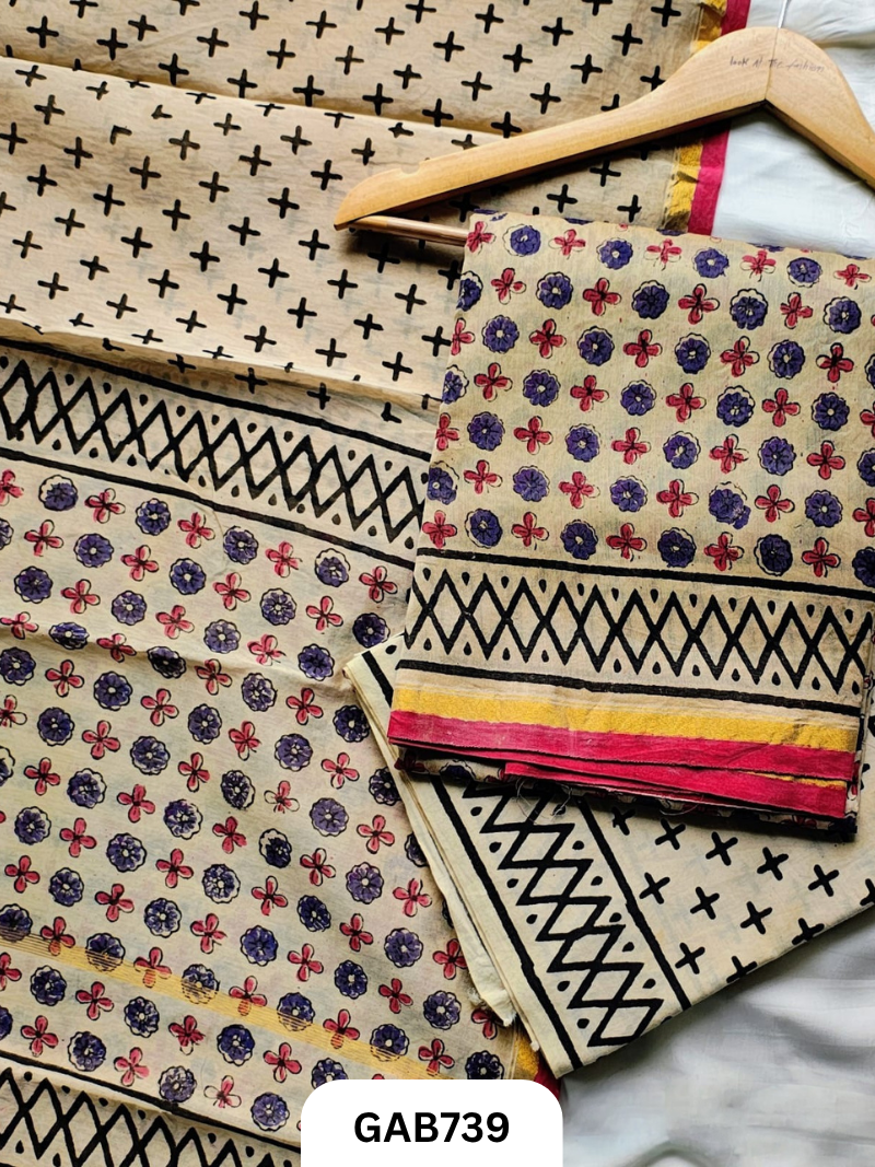 Hand Block Chanderi Silk Dress Materials Top 2.5 Mtrs Duptta 2.5 Mtrs