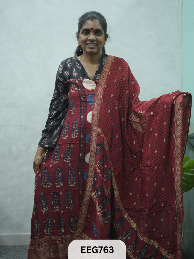 AJRAKH DOLA SILK 2 PCS-UNSTITCHED ( TOP 3.5MTR AND DUPPATA 2.25MTR )