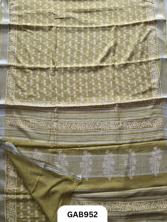 Bagru Handblock Print Linen Saree With Attached Blouse