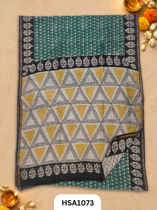 Pure Hand Block Printed Chanderi Silk Saree With Printed Blouse