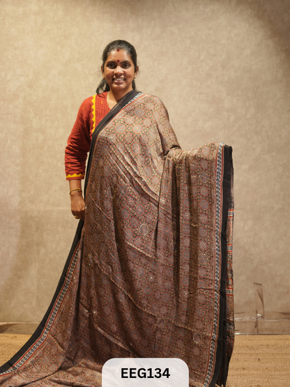 AJRAKH MODAL SAREE WITH KHATLI HANDWORK
