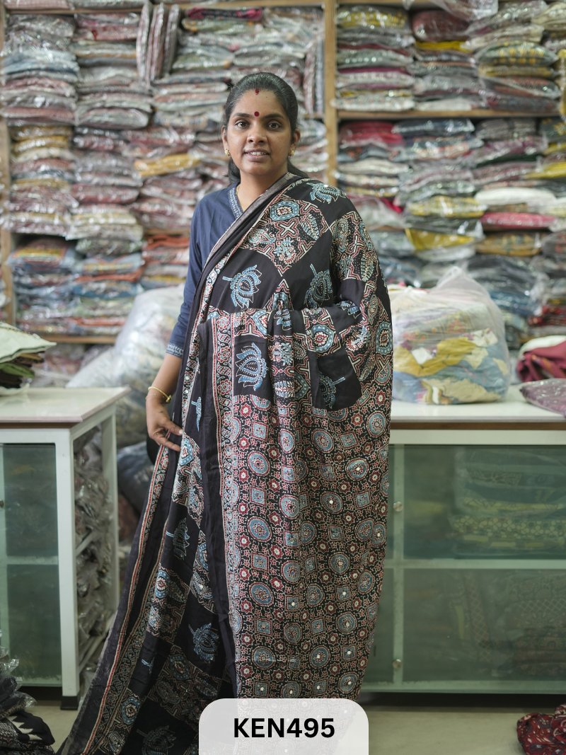 MODAL NATURAL AJRAKH HANDBLOCK SAREE WITH GLUE MIRROR