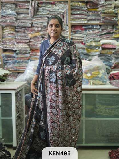 MODAL NATURAL AJRAKH HANDBLOCK SAREE WITH GLUE MIRROR
