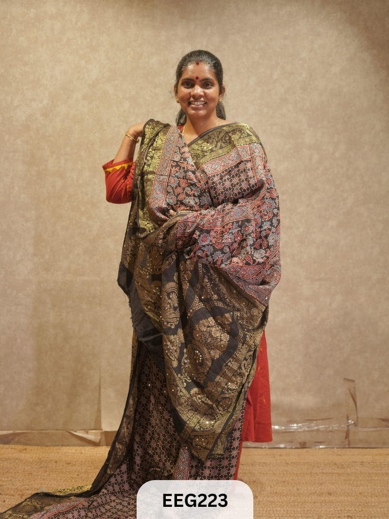AJRAKH DOLA SILK SAREE WITH MIRROR WORK - IMMEDIATE DISPATCH