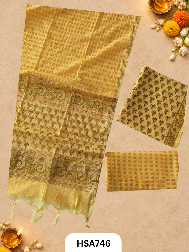 HandBlock Printed Chanderi Silk Dupatta With Cotton Suits -Top 2.5M Duptta 2.5M