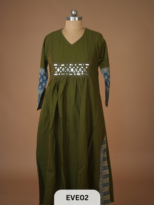 PLAIN COTTON KURTI WITH MIRROR WORK AND AJRAKH PRINT