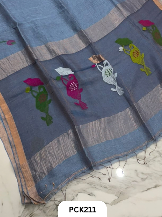Pure Handloom Linen Silk Saree with Jamdani Weave