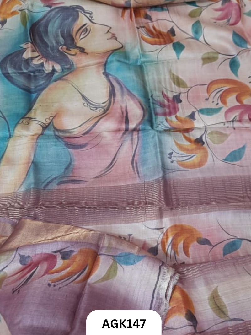 Premium Zari Border Tussar Hand-Painted Saree – Silk Mark Certified