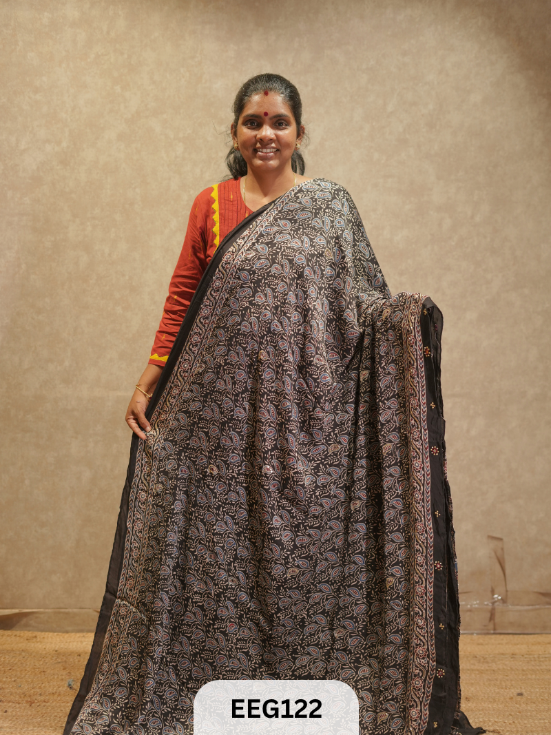 AJRAKH MODAL SAREE WITH KHATLI HANDWORK
