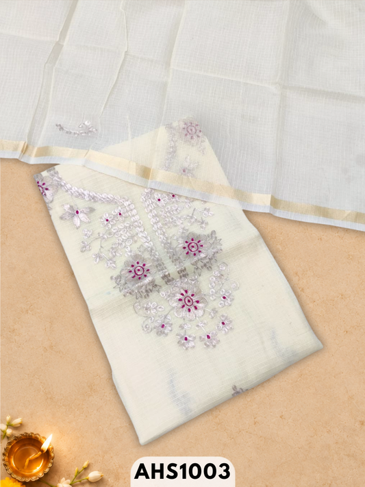 Kota Doria Pitta Work Salwar Suit - Top & Dupatta 2.5mtr