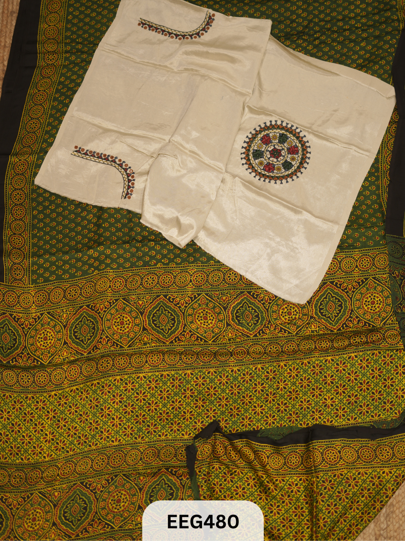 AJRAKH MODAL SAREE WITH KUTCHI HANDWORK BLOUSE PIECE EXTRA