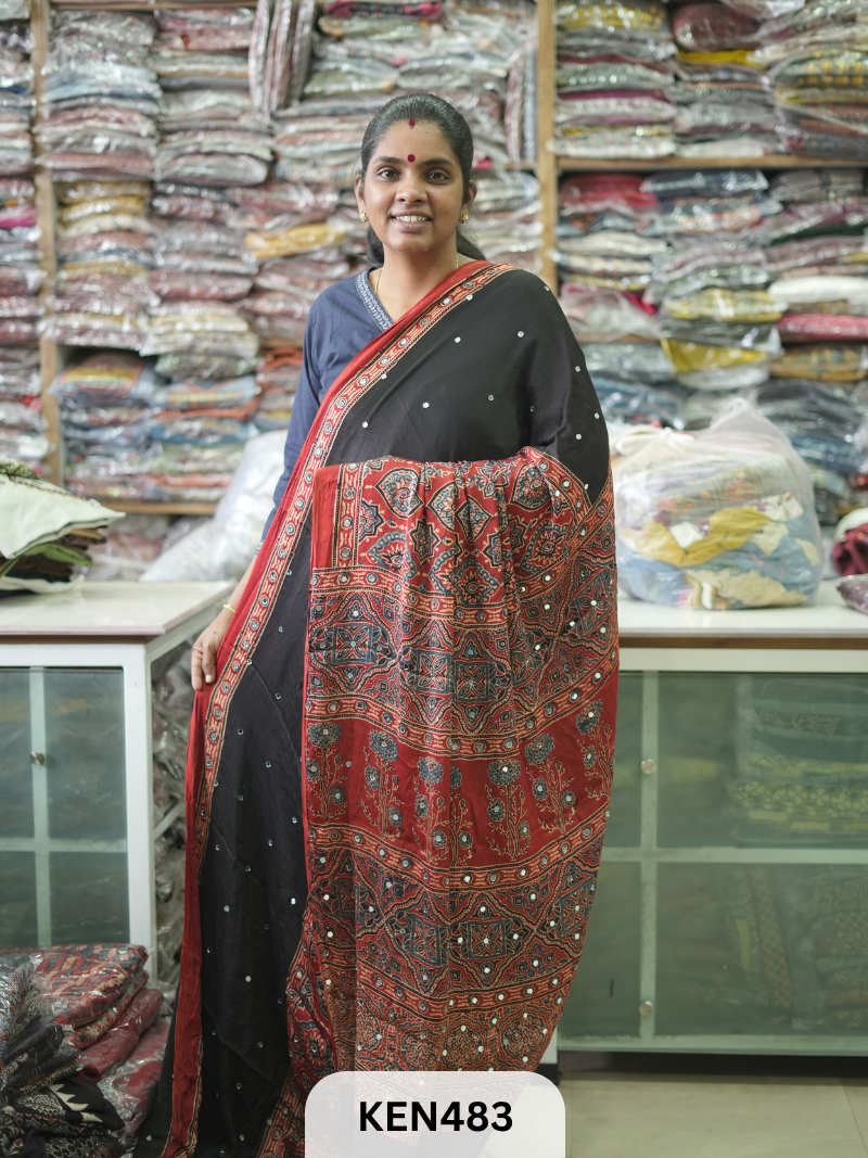 MODAL NATURAL AJRAKH HANDBLOCK SAREE WITH GLUE MIRROR