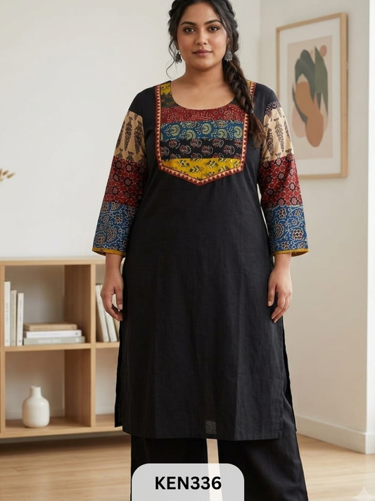 COTTON PLAIN KURTI WITH AJRAKH PATCHWORK YOKE WITH POCKET