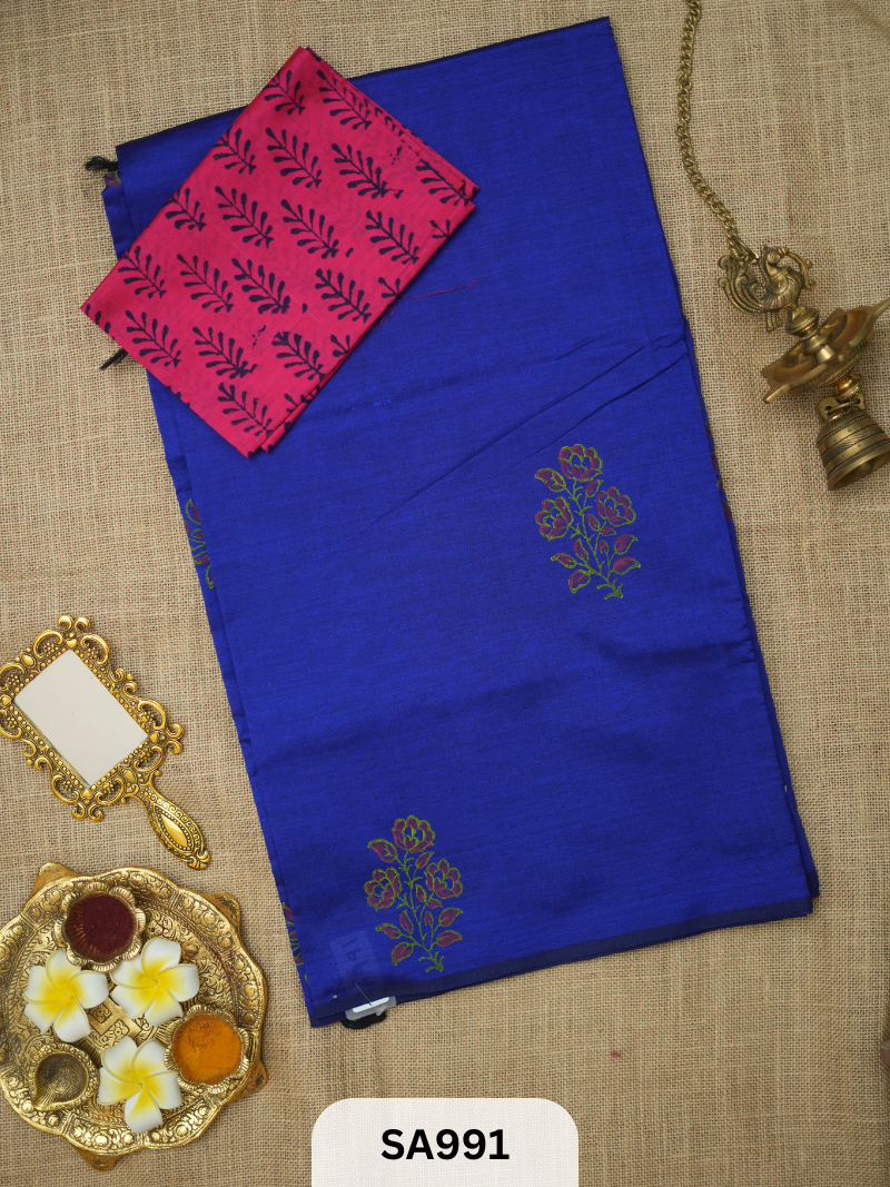 SILK COTTON EMBROIDERY HANDBLOCK SAREE
