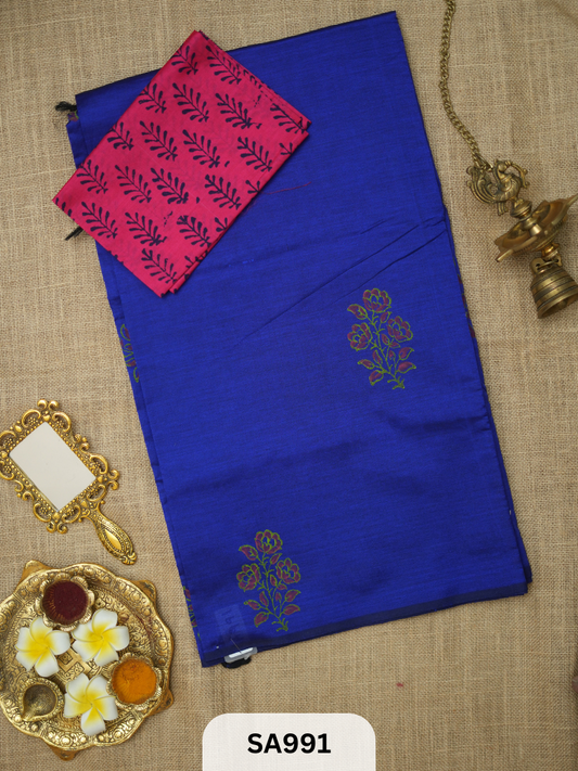 SILK COTTON EMBROIDERY HANDBLOCK SAREE