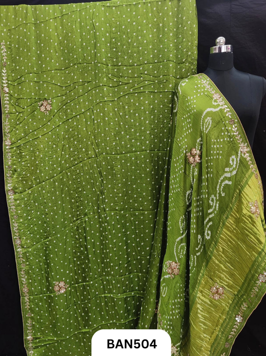 Semi gaji silk tissue pallu dani bandhej saree with khatli handwork