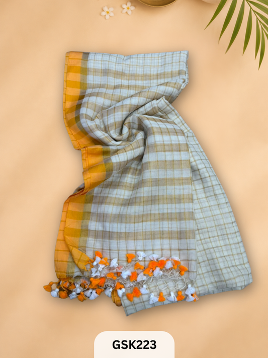 Pure Mulcotton  120 count premium  Checked Zari border with Tassel