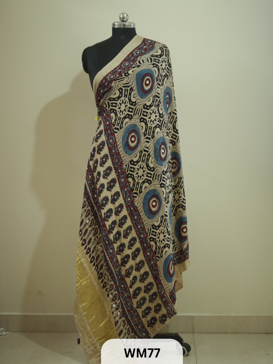 TISSUE PALLU AJRAKH HANDBLOCKPRINT KHATLI WORK DUPPATTA