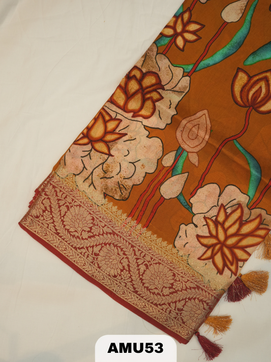 PREMIUM BANARAS ORGANZA DIGITAL KALAMKARI PRINT SAREE
