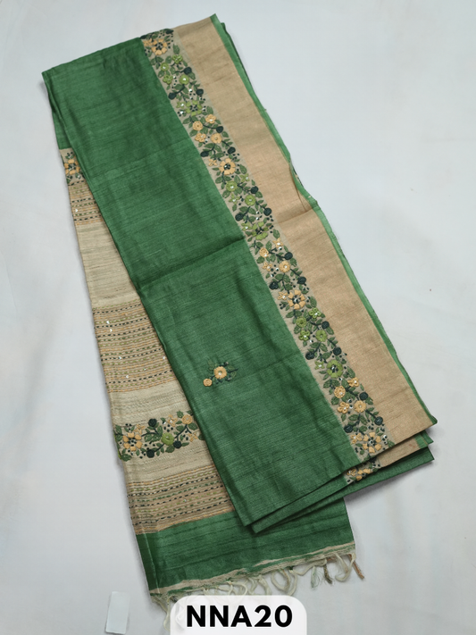 Pure tussar silk with buillon hand embroidery saree