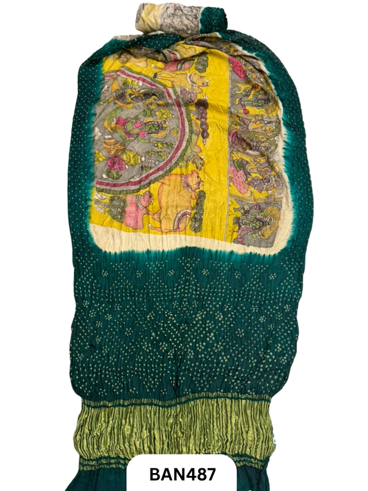 Pure Modal Bandhini x Penkalamkari Fusion Saree With Lagdi Patta