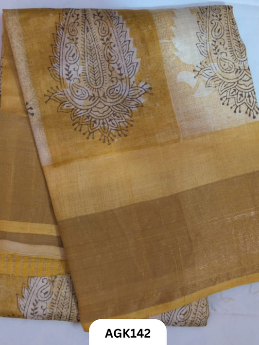 PREMIUM QUALITY  ZARI BORDER TUSSAR HAND BLOCK PRINTING WORK  WITH BLOUSE PIECE  SILK MARK CERTIFIED