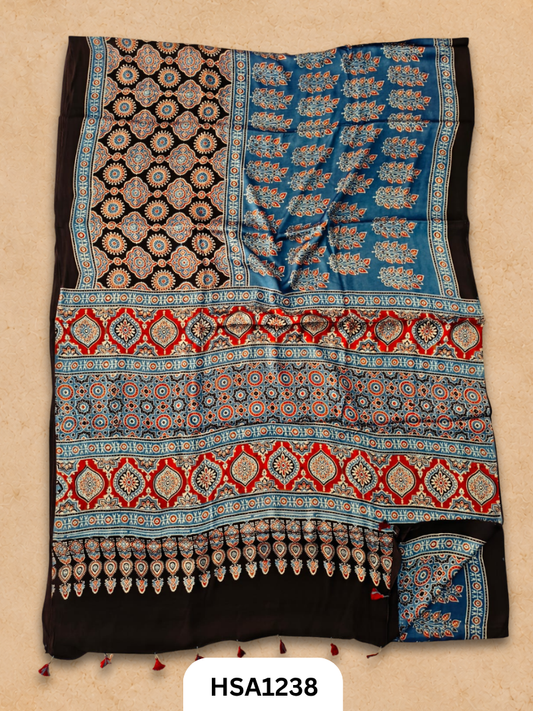 Natural Dye Vegetable Hand Block Print Ajrakh Print Pure Modal Silk Saree