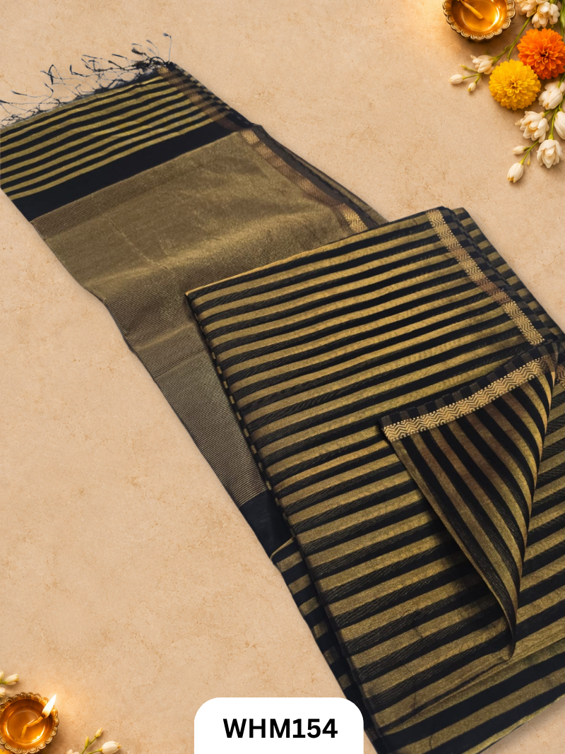 Pure Maheshwari Handloom Small Border Zari Strips Saree