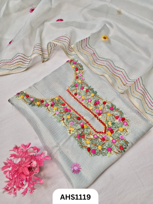 Tissue Kota Doria With Hand Fullkari Work Salwar Suit - Top & Duppatta 2.5mtr