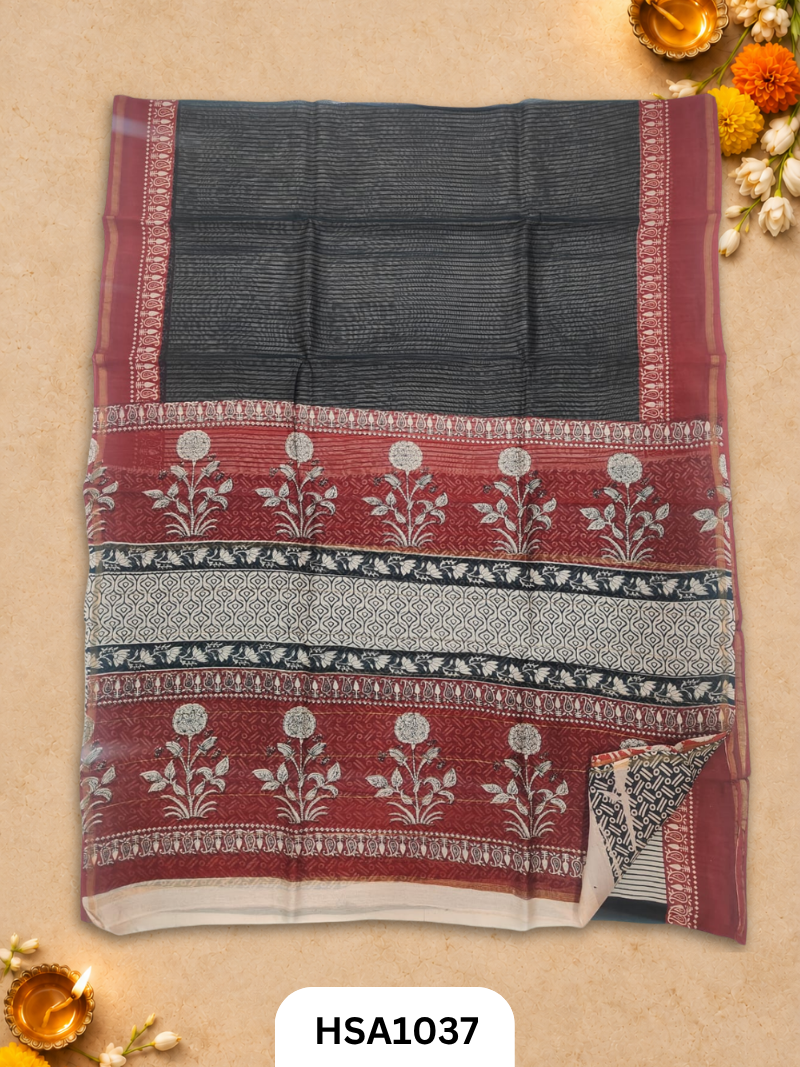 Pure Hand Block Printed Chanderi Silk Saree With Printed Blouse