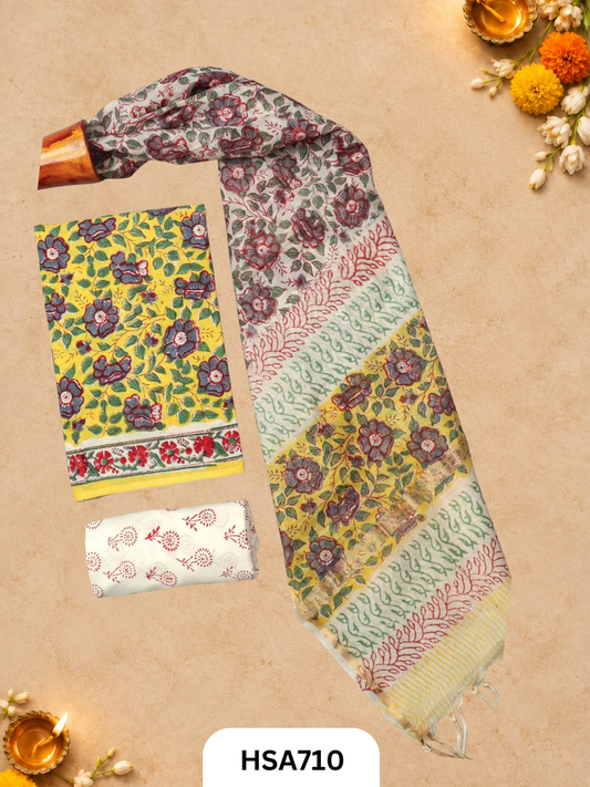 HandBlock Printed Chanderi Silk Dupatta With Cotton Suits -Top 2.5M Duptta 2.5M