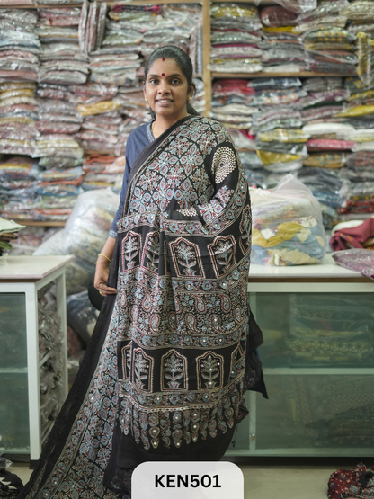 MODAL NATURAL AJRAKH HANDBLOCK SAREE WITH GLUE MIRROR