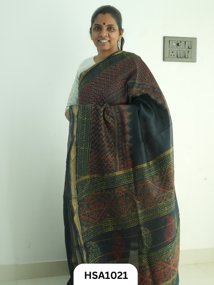 Pure Maheswari Silk Cotton - Handblock Print Saree With Blouse