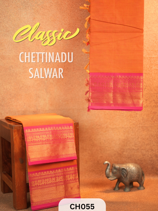 Chettinad Cotton Salwar Suit - 2Pcs Unstitched - Orange